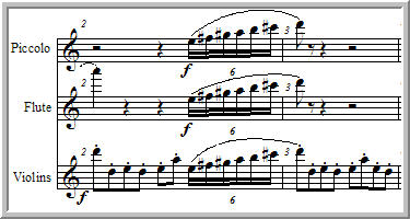 Ascending run in violins, flute and piccolo